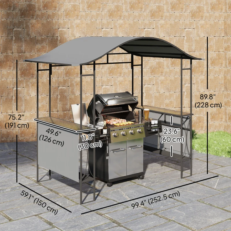 Outsunny 8' x 5' Grill Gazebo Canopy, Outdoor BBQ Shelter with 2 Side Shelves, Dark Grey