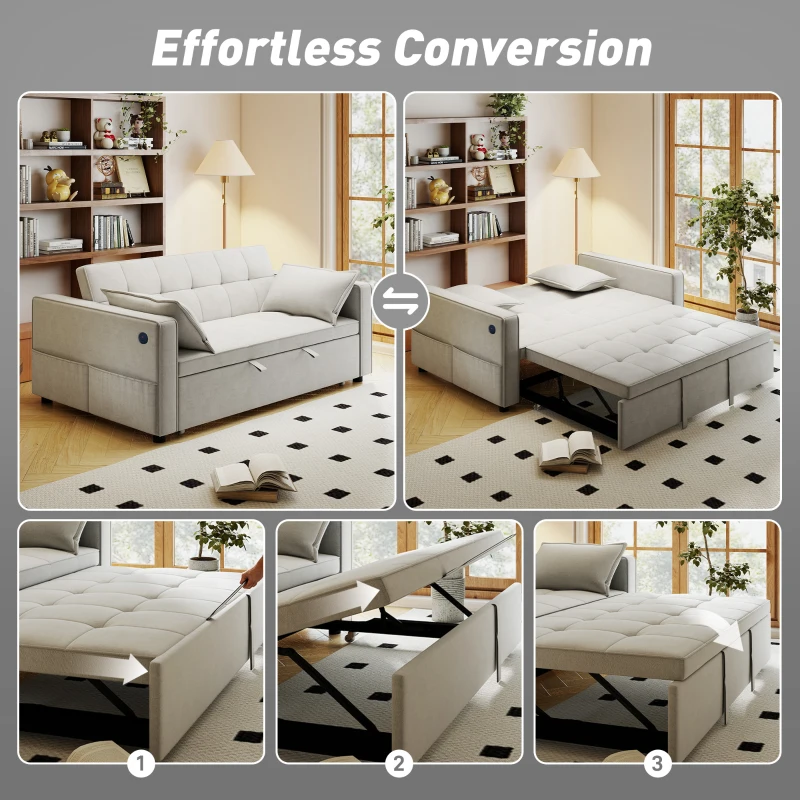 HOMCOM 3‑in‑1 Convertible Sofa Bed, Pull Out Sleeper Sofa with USB Charging, Adjustable Backrest, Side Pockets, Beige