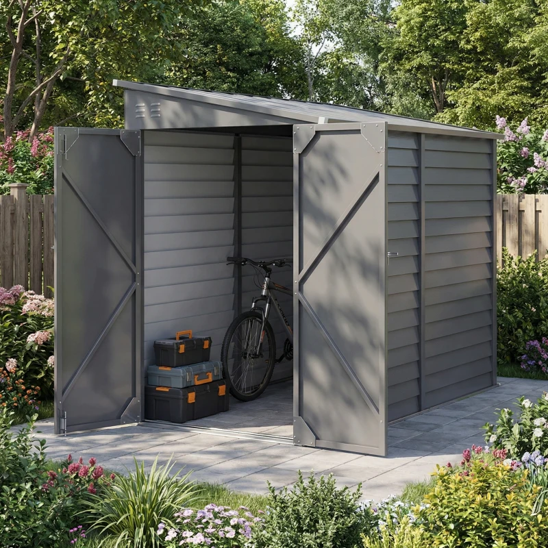 Outsunny 4.6' x 9' Steel Outdoor Storage Shed, Lean to Shed, Metal Tool House with Foundation Kit, Lockable Doors, Gloves and 2 Air Vents for Backyard, Patio, Lawn, Grey