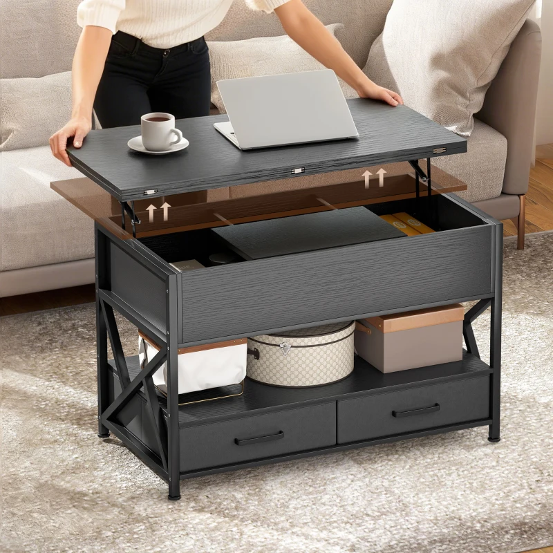 HOMCOM Modern Coffee Table, Lift Top Center Table with Fabric Drawers and Hidden Storage for Living Room, Distressed Black