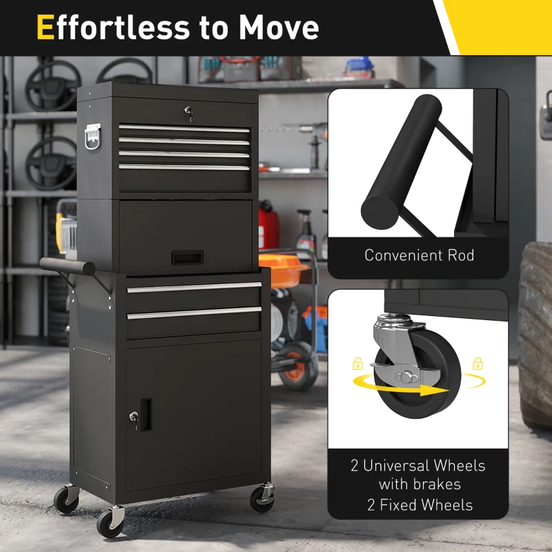 HOMCOM Large Tool Cabinet, 3-in-1 Rolling Tool Chest, Detachable Tool Storage Organizer with 6 Drawers and Pegboard, Black