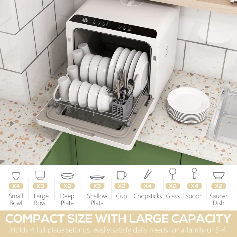 HOMCOM Portable Dishwasher, Counter Dishwasher with 4 Place Settings, 5 Washing Programs, Air-Dry Function, 6L Water Tank