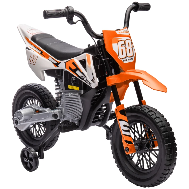 Qaba 12V Kids Electric Motorcycle w/ Twist Grip Throttle, Training Wheels, Rear Suspension & Music, Orange