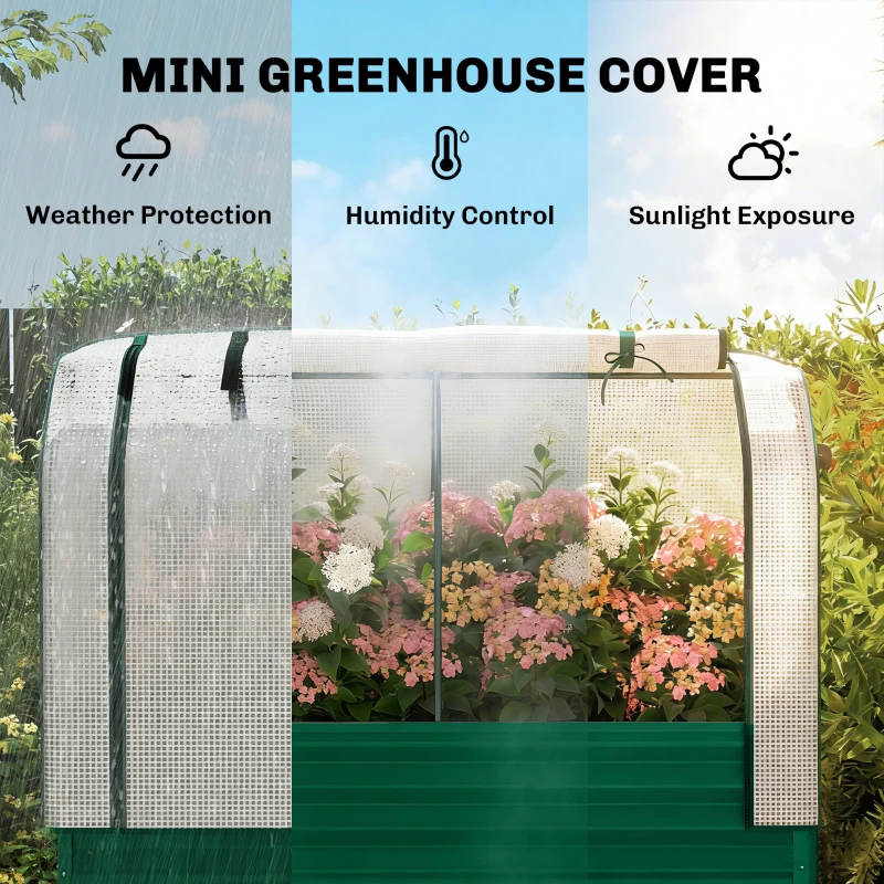 Outsunny Galvanised Raised Garden Bed with Greenhouse Cover, Metal Elevated Garden Bed with Bed Liner, Bottom Shelf, Green