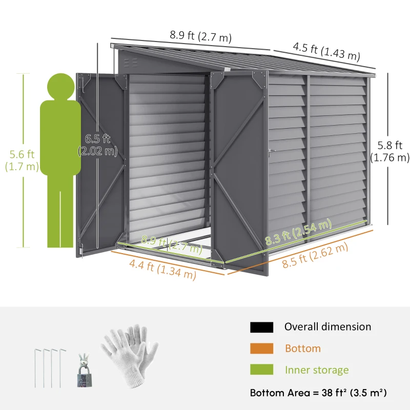 Outsunny 4.6' x 9' Steel Outdoor Storage Shed, Lean to Shed, Metal Tool House with Foundation Kit, Lockable Doors, Gloves and 2 Air Vents for Backyard, Patio, Lawn, Grey