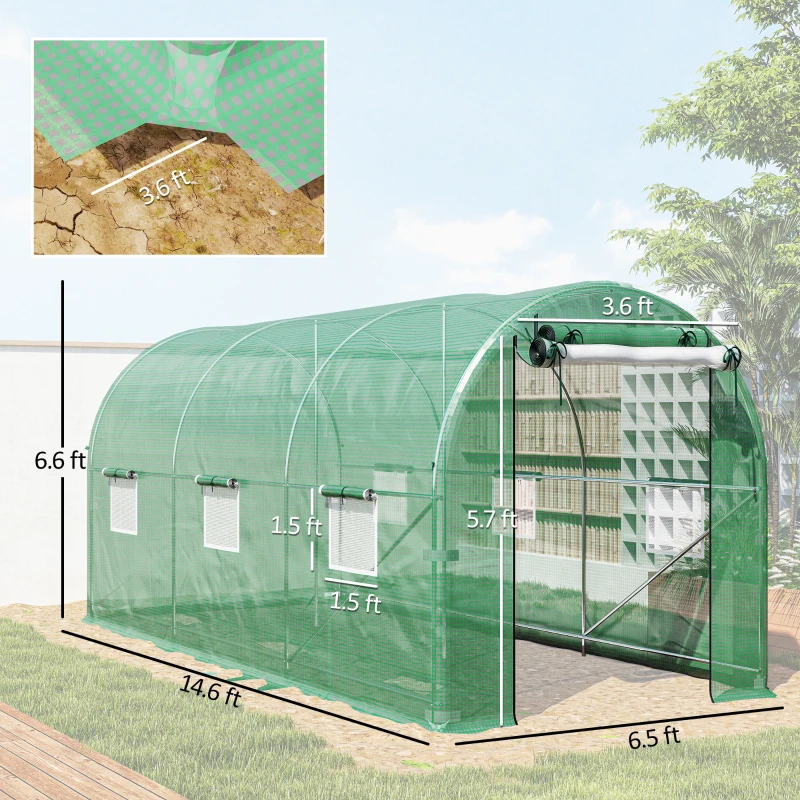 Outsunny Hoop House Greenhouse, Walk-in Tunnel Greenhouse with 2 Support Rods, Zippered Roll-up Mesh Door, 14.6'x6.5'x6.6', Green