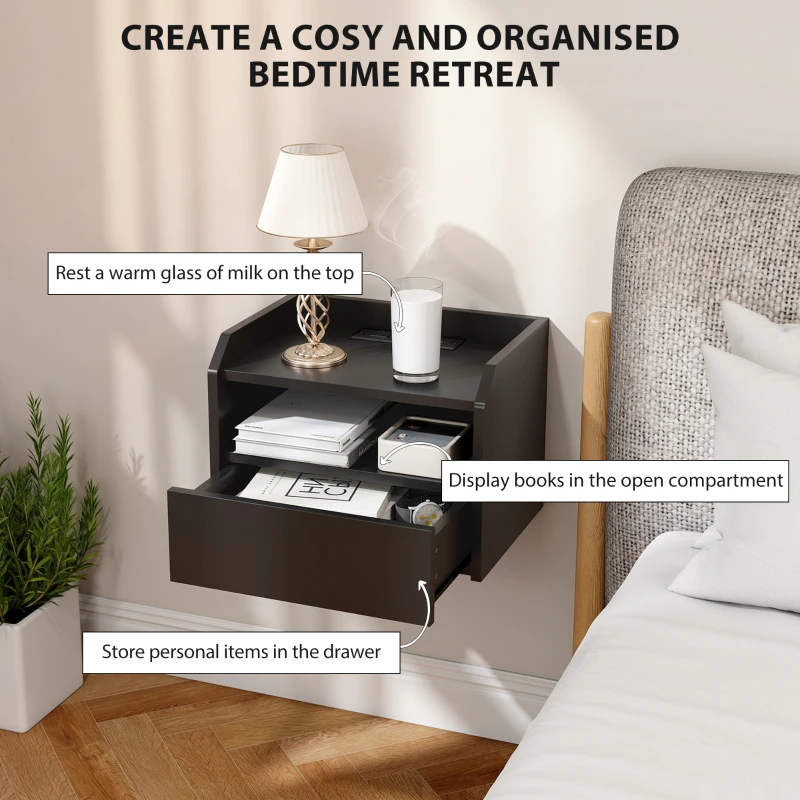 HOMCOM Wall Mounted Bedside Table, Set of 2 Floating Nightstand with Charging Station, Drawer and Open Shelf for Bedroom, Black