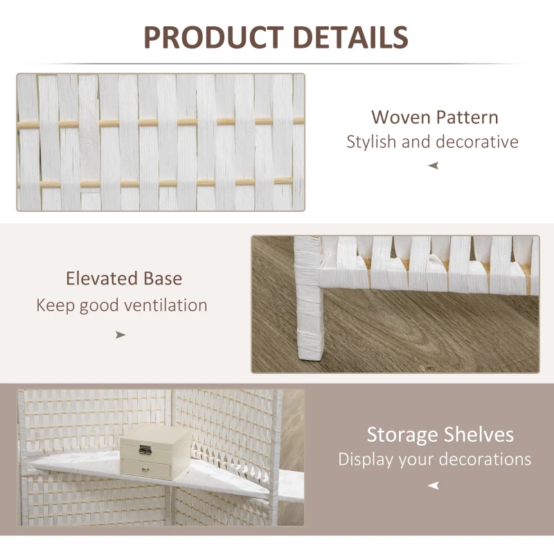 HOMCOM 4 Panel Room Divider with Shelves, 6 FT Freestanding Folding Privacy Screen, Partition Wall Divider for Bedroom, White