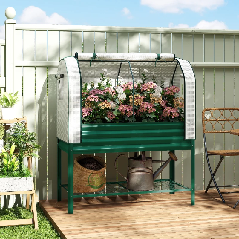 Outsunny Galvanised Raised Garden Bed with Greenhouse Cover, Metal Elevated Garden Bed with Bed Liner, Bottom Shelf, Green