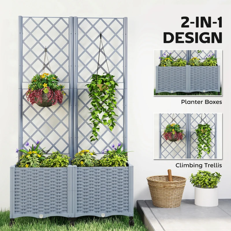 Outsunny Planter Box with Trellis, Self Watering Raised Garden Bed with Lockable Wheels and Drainage Holes, Gray