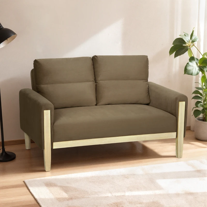 HOMCOM 53" Loveseat Sofa, Small 2 Seater Couch with Solid Wood Legs, Modern Velvet Sofa for Living Room, Small Spaces,Brown