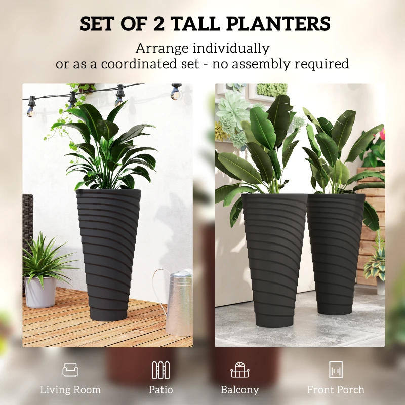 Outsunny 29" Tall Planters Set of 2, Indoor Outdoor Stackable Taper Planters with Drainage Holes, Black