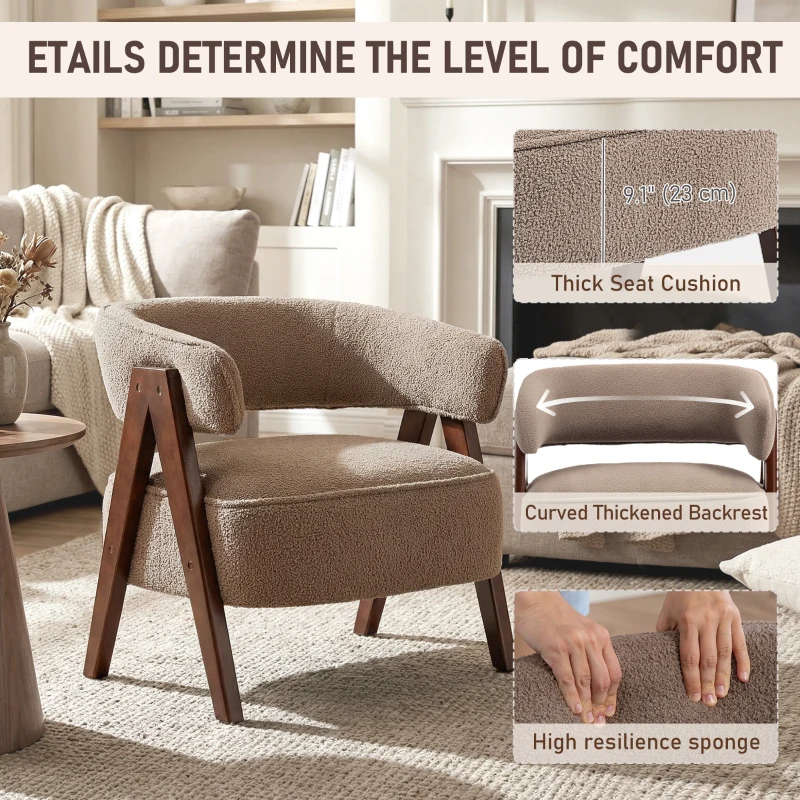 HOMCOM Sherpa Fleece Accent Chair, Upholstered Armchair with Solid Wood Legs and Steel Frame for Living Room, Light Brown