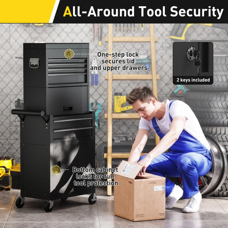 HOMCOM Large Tool Cabinet, 3-in-1 Rolling Tool Chest, Detachable Tool Storage Organizer with 6 Drawers and Pegboard, Black