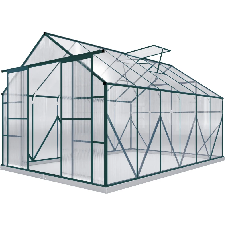 Outsunny Aluminium Greenhouse Polycarbonate Walk-in Garden Greenhouse Kit with Adjustable Roof Vent, 8 x 12ft, Green