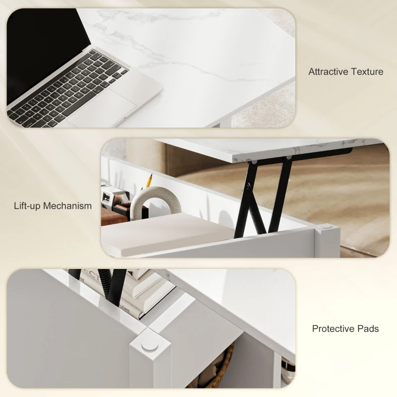 HOMCOM Lift Top Coffee Table, Modern Center Table with Storage Shelves and Hidden Compartment for Living Room, 41" L, White