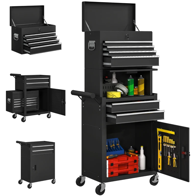 HOMCOM Large Tool Cabinet, 3-in-1 Rolling Tool Chest, Detachable Tool Storage Organizer with 6 Drawers and Pegboard, Black