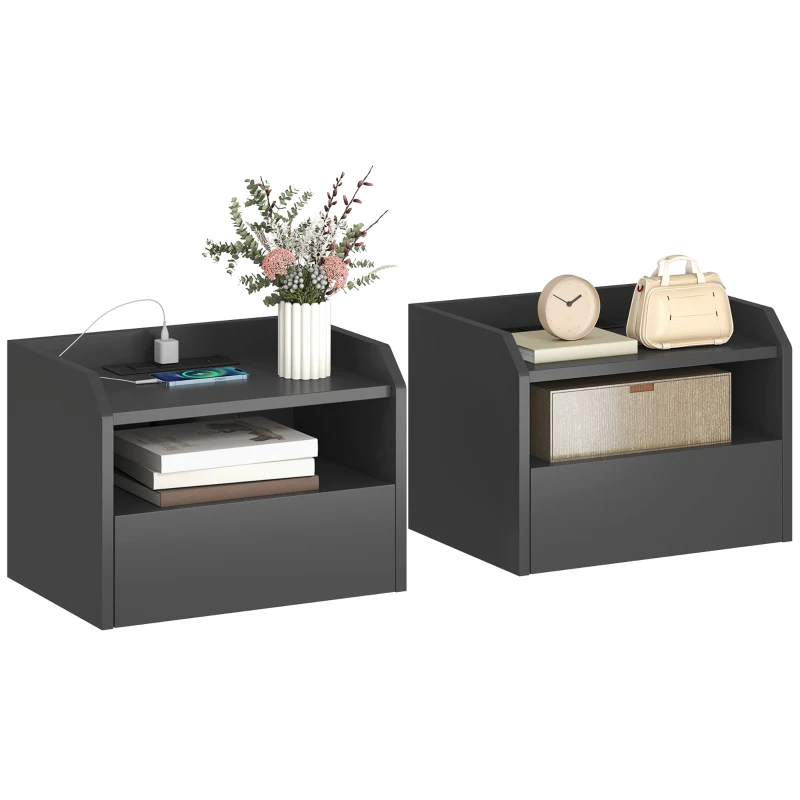 HOMCOM Wall Mounted Bedside Table, Set of 2 Floating Nightstand with Charging Station, Drawer and Open Shelf for Bedroom, Black