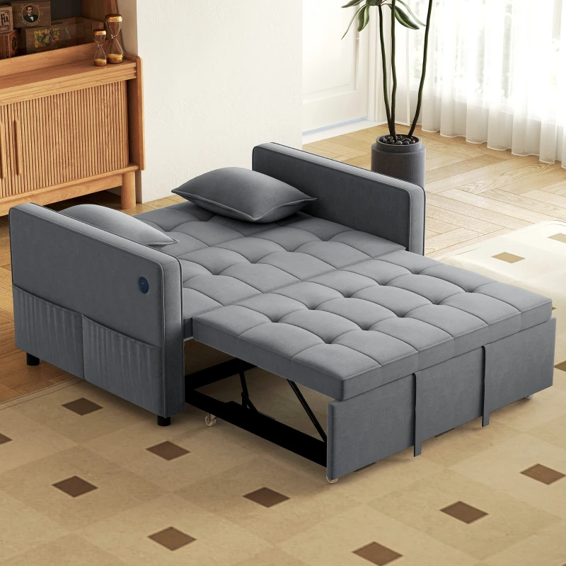 HOMCOM 3‑in‑1 Convertible Sofa Bed, Pull Out Sleeper Sofa with USB Charging, Adjustable Backrest, Side Pockets, Dark Grey
