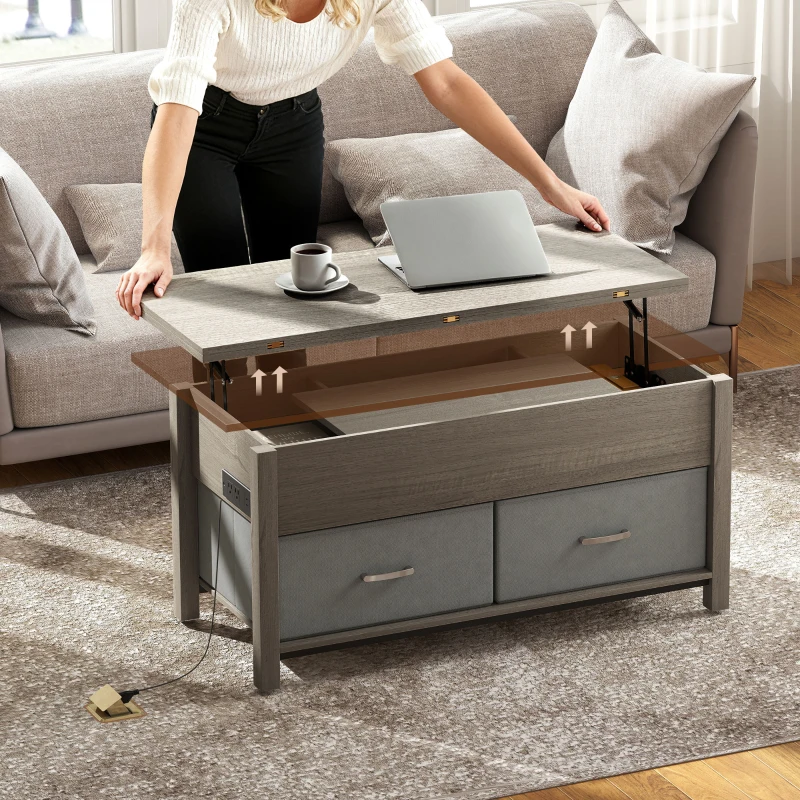 HOMCOM Lift Top Coffee Table, Center Table with 3 Hidden Compartments, 2 Fabric Drawers, Expandable Top and Charging Station