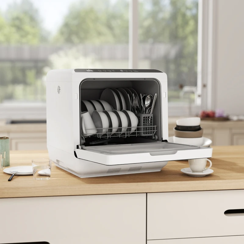 HOMCOM Countertop Dishwasher with Built-in 6L Water Tank, 5 Wash Programs, Touch Control, LED Display, Dual Water Supply, White