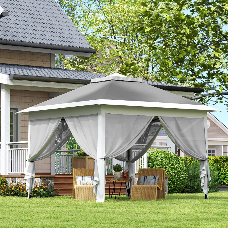 Outsunny 11' x 11' Pop Up Gazebo, Double Roof Foldable Height Adjustable Canopy Tent with Mesh Sidewalls, Carrying Bag, Dark Grey