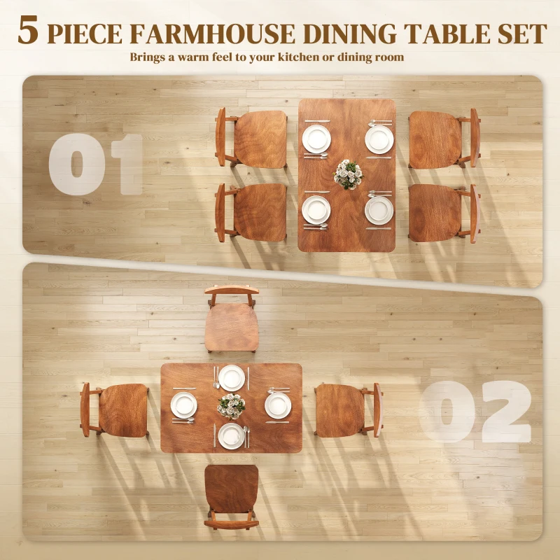 HOMCOM 5-Piece Solid Wood Dining Room Set for 4, Farmhouse Dinette Table Set with 4 Chairs for Small Space, Dining Room, Walnut