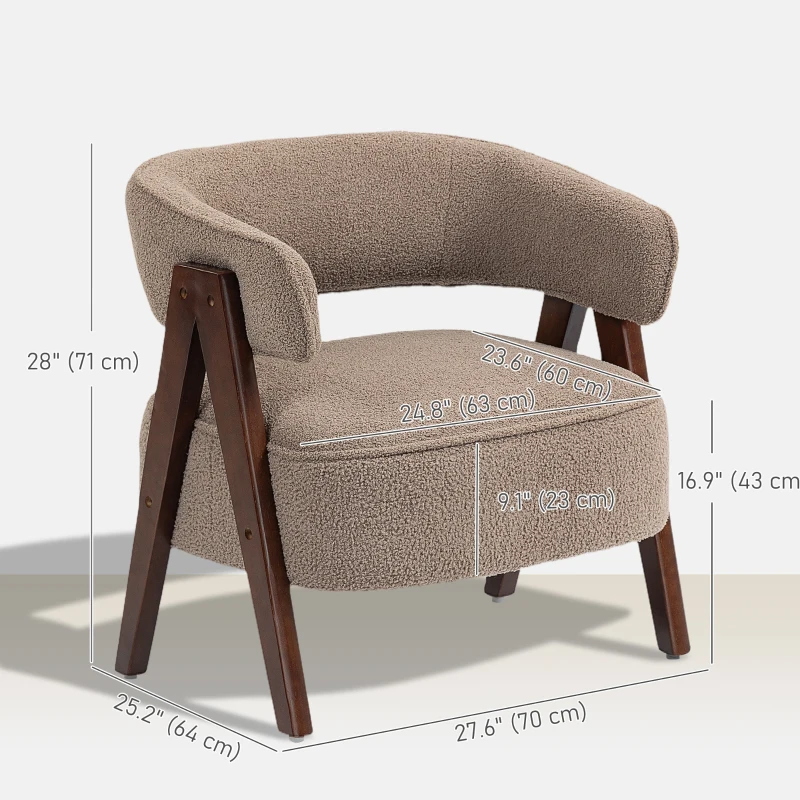 HOMCOM Sherpa Fleece Accent Chair, Upholstered Armchair with Solid Wood Legs and Steel Frame for Living Room, Light Brown