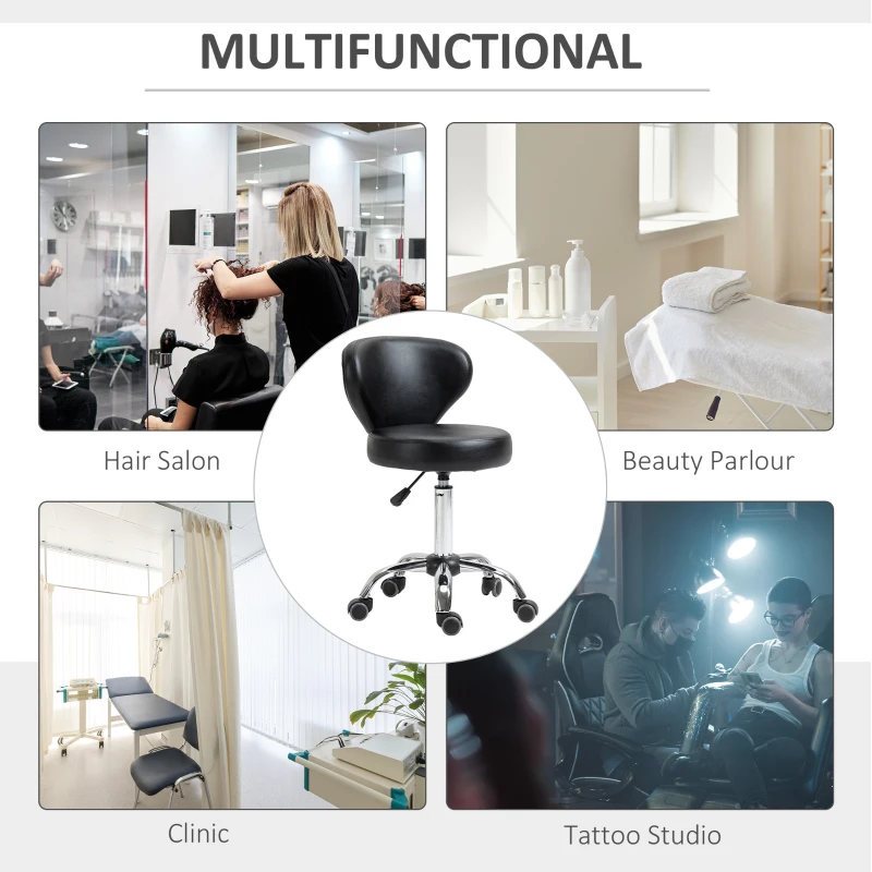 HOMCOM Adjustable Swivel Salon Stool with Backrest and Wheels, Office & Living Room Chair, Synthetic Leather, Black