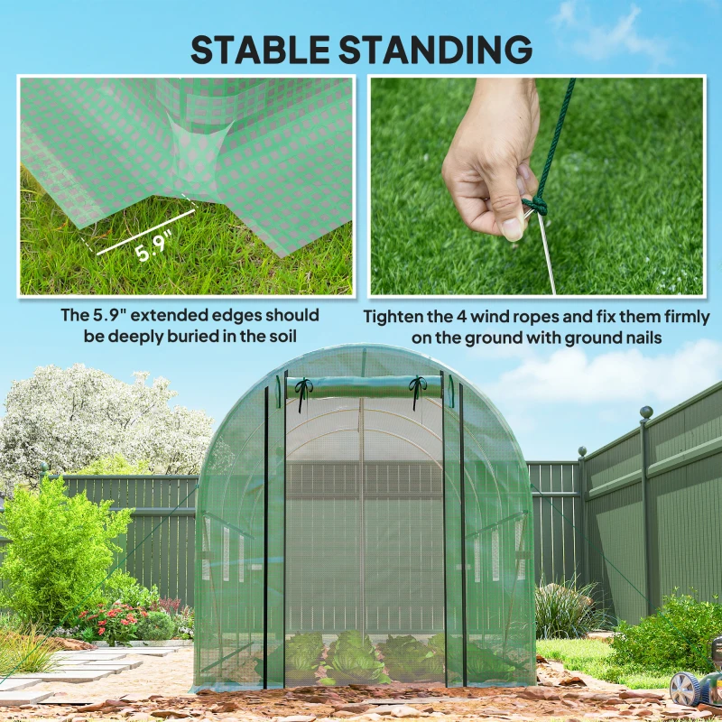 Outsunny Hoop House Greenhouse, Walk-in Tunnel Greenhouse with 2 Support Rods, Zippered Roll-up Mesh Door, 14.6'x6.5'x6.6', Green