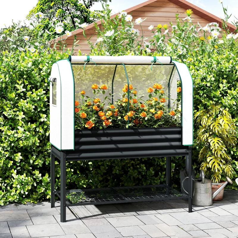 Outsunny Galvanised Raised Garden Bed with Greenhouse Cover, Metal Elevated Garden Bed with Bed Liner, Bottom Shelf, Black
