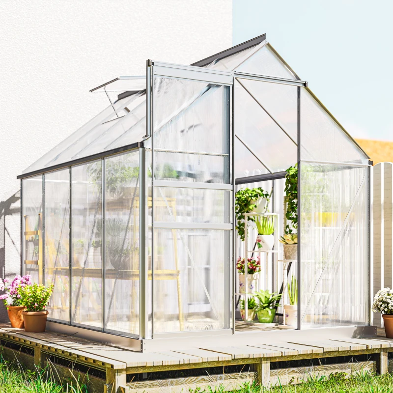 Outsunny 6' x 8' x 6.5' Walk-in Greenhouse, Polycarbonate Greenhouse with Adjustable Roof Vent, Base, Sliding Door, Clear