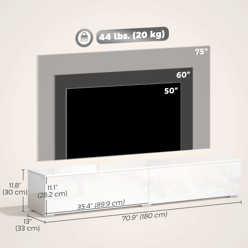 HOMCOM Floating TV Stand for TVs up to 75 Inch, 70.9" TV Cabinet, Entertainment Center with 2 Flip Doors, High Gloss White