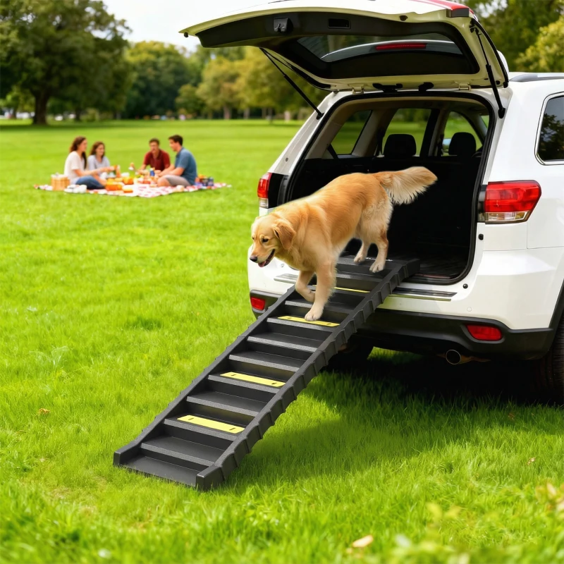 PawHut Foldable Dog Car Ramp, Dog Ramp with Anti-Slip Steps, Pet Stairs for Senior Pets to Access Cars and High Beds, Black