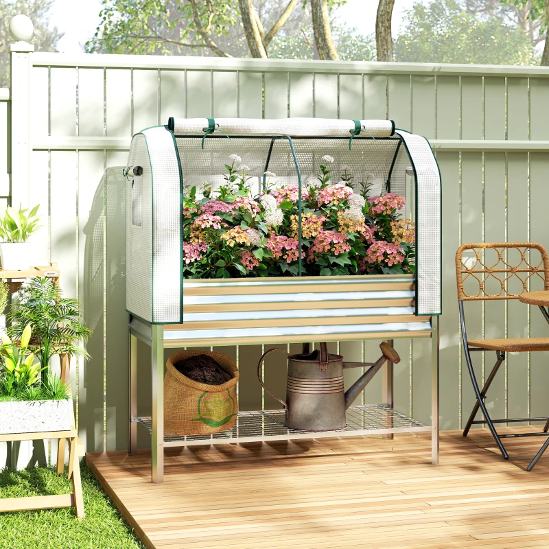 Outsunny Galvanised Raised Garden Bed with Greenhouse Cover, Metal Elevated Garden Bed with Bed Liner, Bottom Shelf, Silver