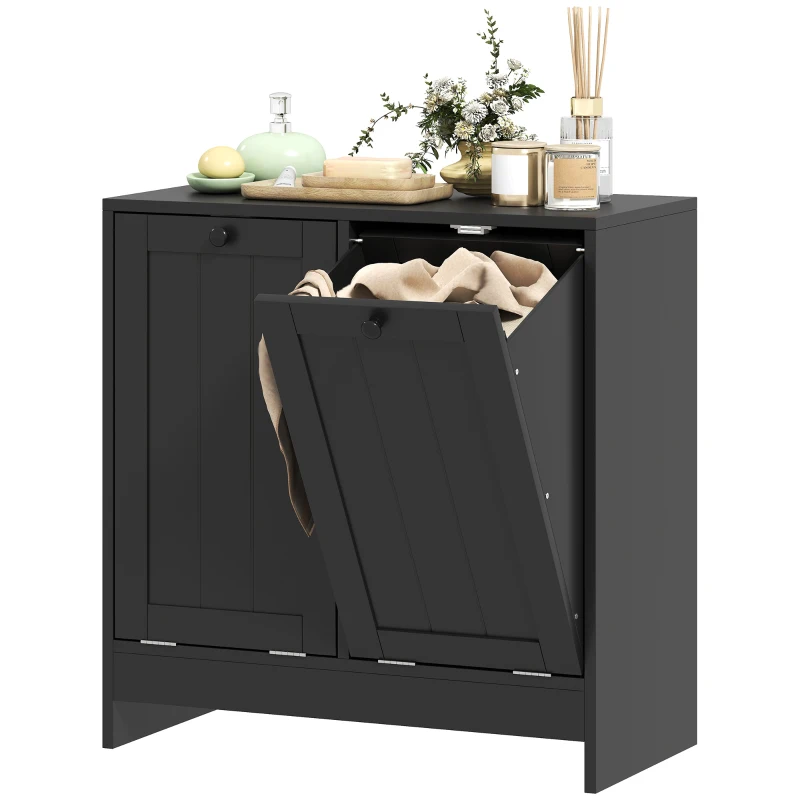 kleankin Tilt-Out Laundry Storage Cabinet, Modern Laundry Hamper with 2 Compartments for Bathroom Washroom, Black