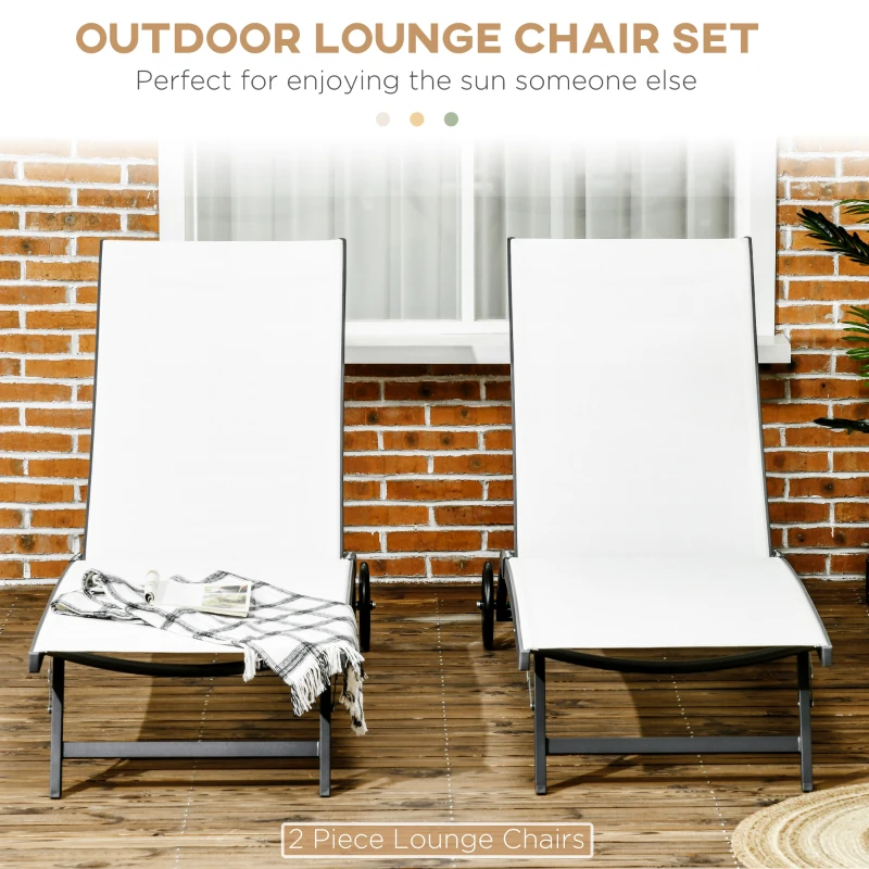 Outsunny Outdoor Lounge Chair Set of 2, Tanning Chair with Wheels, Breathable Mesh for Patio, Backyard, Poolside, Cream White