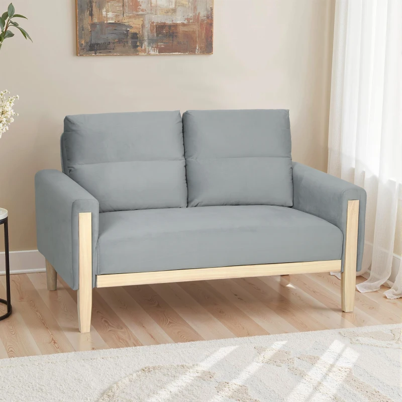 HOMCOM 53" Loveseat Sofa, Small 2 Seater Couch with Solid Wood Legs, Modern Velvet Sofa for Living Room, Small Spaces, Grey