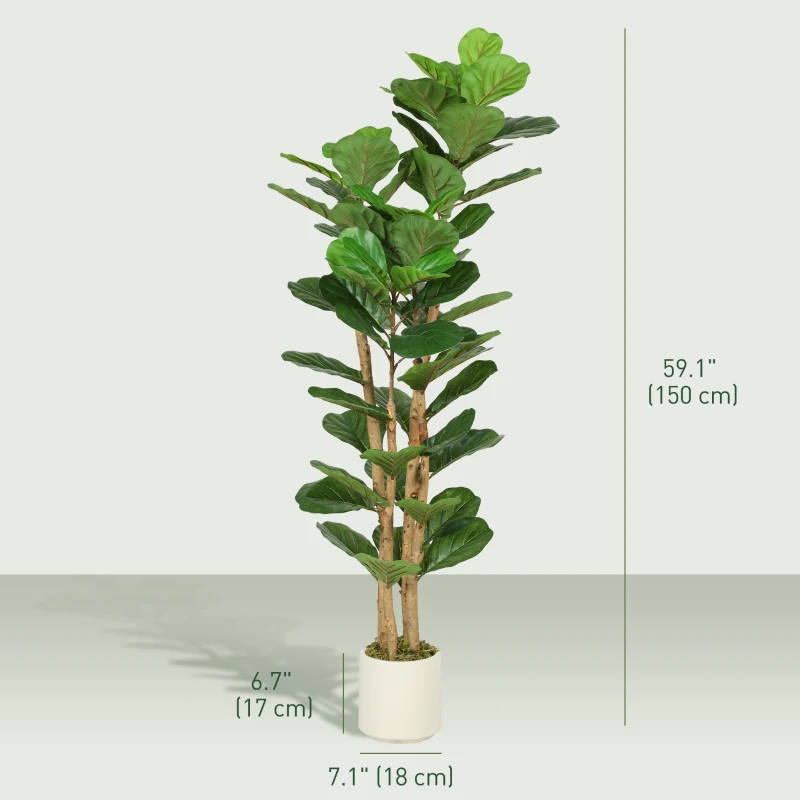 HOMCOM 5FT Artificial Fiddle Leaf Fig Tree, Fake Potted Tree with Solid Wood Trunks for Indoor Decor, Green