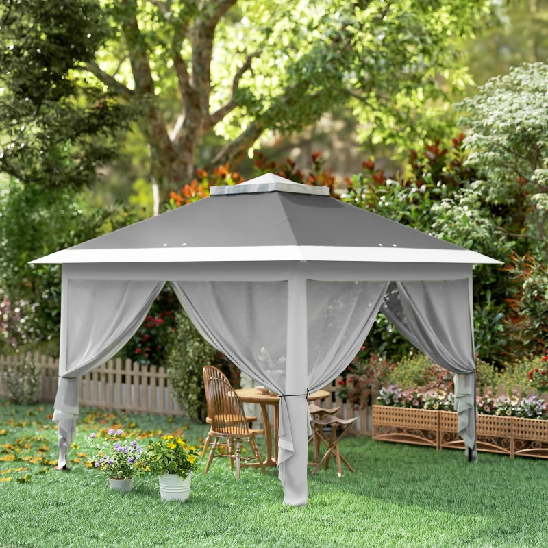 Outsunny 11' x 11' Pop Up Gazebo, Double Roof Foldable Height Adjustable Canopy Tent with Mesh Sidewalls, Carrying Bag, Dark Grey