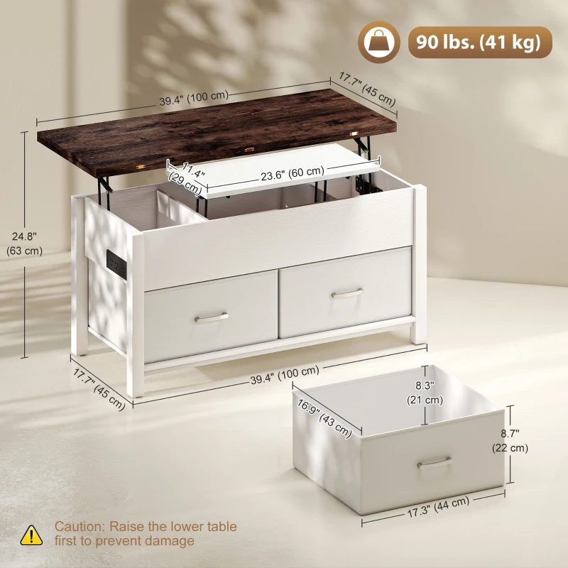 HOMCOM Lift Top Coffee Table, Center Table with 3 Hidden Compartments, 2 Fabric Drawers, Expandable Top and Charging Station
