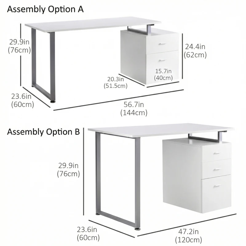 HOMCOM 47" Computer Desk Writing Table Workstation with Multi-Use Reversible File Drawers Metal Frame Home Office Furniture, White