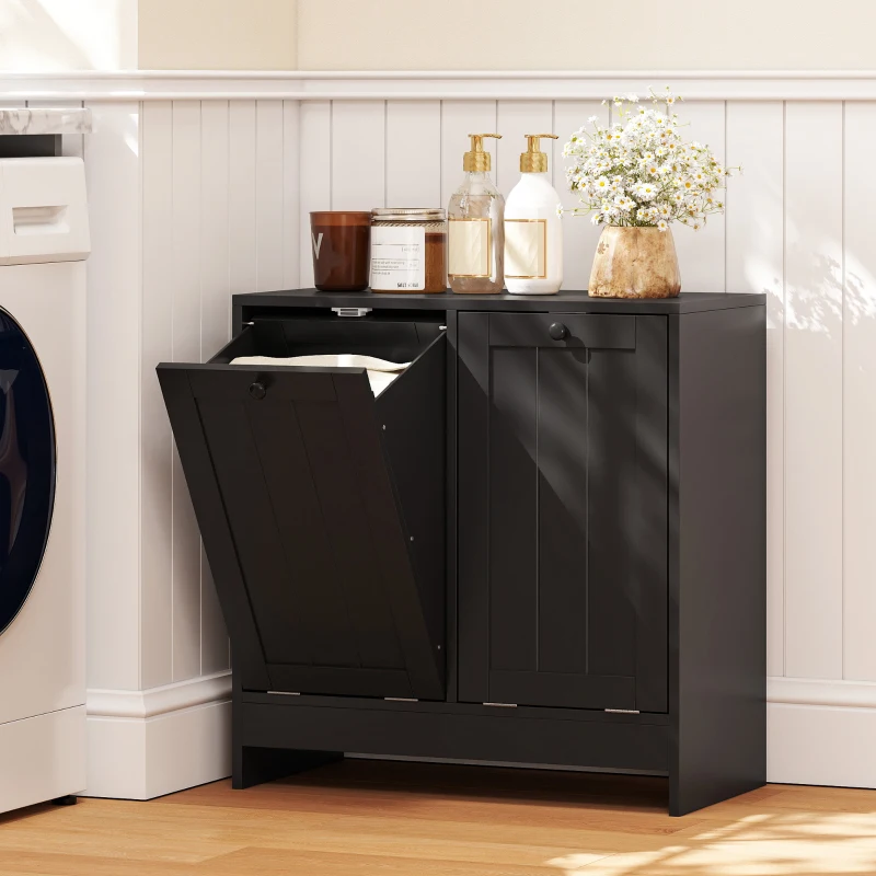 kleankin Tilt-Out Laundry Storage Cabinet, Modern Laundry Hamper with 2 Compartments for Bathroom Washroom, Black