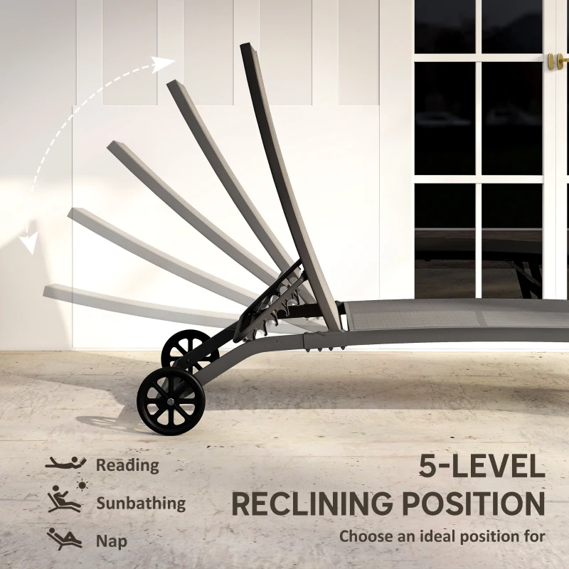 Outsunny Outdoor Lounge Chair Set of 2, Tanning Chair with Wheels, Breathable Mesh for Patio, Backyard, Poolside, Dark Grey