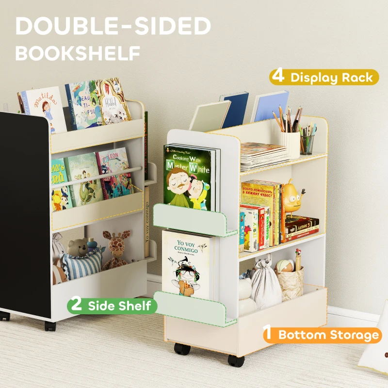 Qaba Kids Bookshelf, Kids Bookcase with Wheels & Blackboard, for Nursery, Kids Room, Playroom, for 3-8 Years