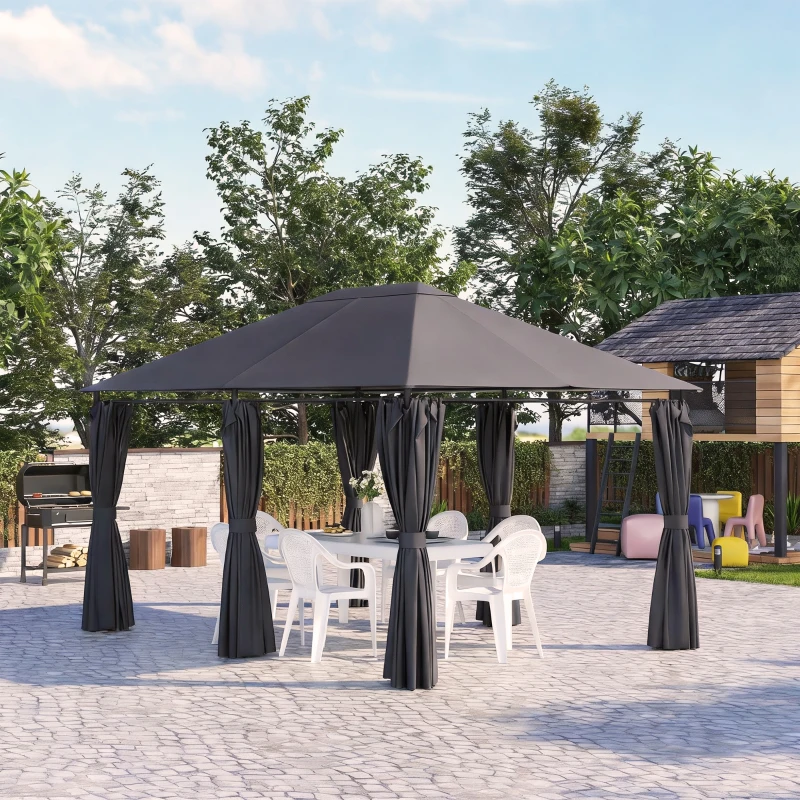 Outsunny 13'x 10' Soft-top Steel Patio Gazebo Canopy Party Tent with 6 Removable Curtains and Drainage Holes, Dark Grey