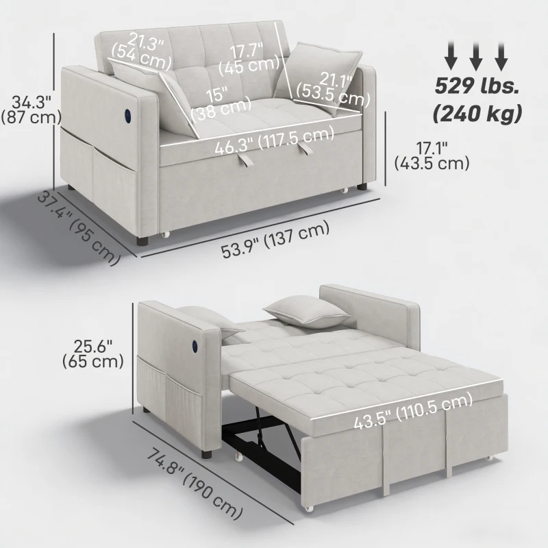 HOMCOM 3‑in‑1 Convertible Sofa Bed, Pull Out Sleeper Sofa with USB Charging, Adjustable Backrest, Side Pockets, Beige