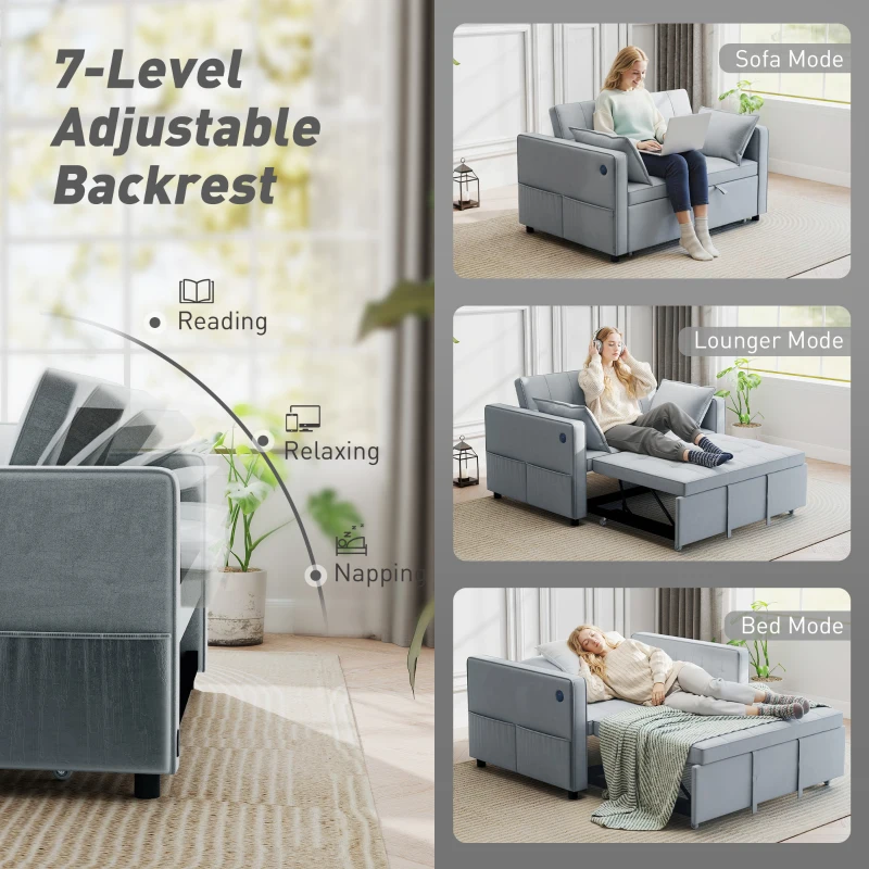 HOMCOM 3‑in‑1 Convertible Sofa Bed, Pull Out Sleeper Sofa with USB Charging, Adjustable Backrest, Side Pockets, Light Grey