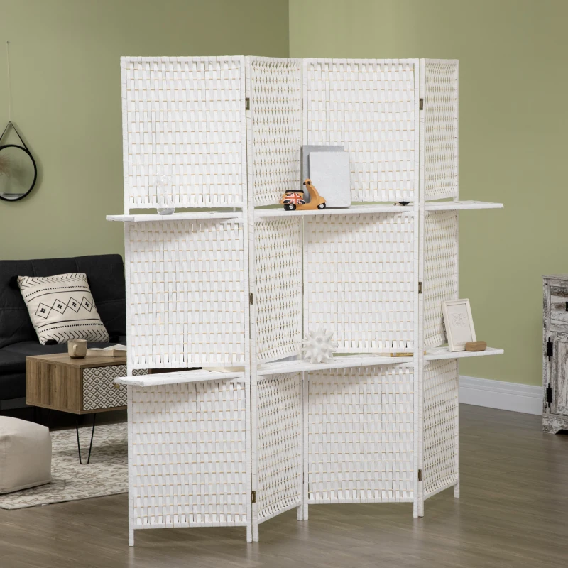 HOMCOM 4 Panel Room Divider with Shelves, 6 FT Freestanding Folding Privacy Screen, Partition Wall Divider for Bedroom, White