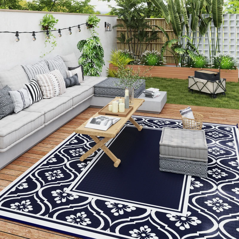 Outsunny 8' x 10' Outdoor RV Rug, Reversible Patio Floor Mat with Carry Bag, Gourd Border, Blue and White